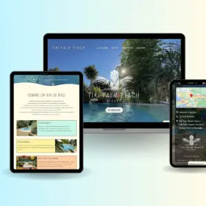 Portfolio - Site internet de Tiki Palm Beach Resort (tikipalmbeach.fr) sur différents appareils en responsive, par AMCom (Alexis Magaud)