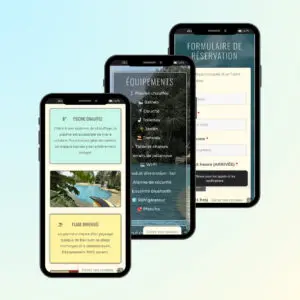 Portfolio - Différents écrans du site internet de Tiki Palm Beach (tikipalmbeach.fr) sur trois téléphones, par AMCom (Alexis Magaud)